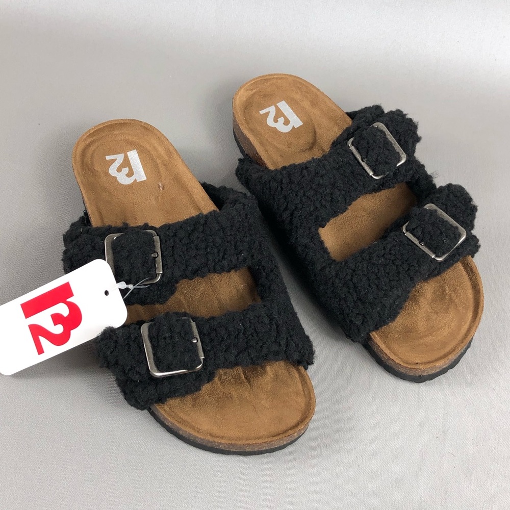R2 Bernette Black Sherpa Teddy Shearling Buckled Double Strap Sandals